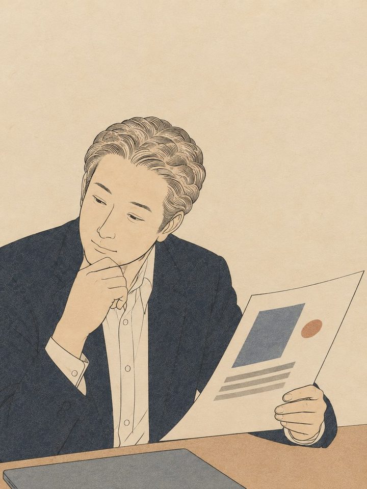 資料を片手に持ち、頬杖をついて静かに見ているセンス顧問の浮世絵風の絵