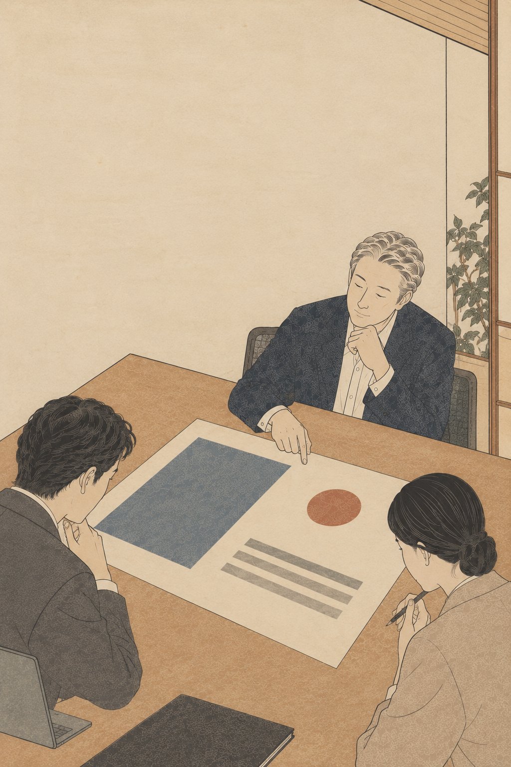 余白の広い資料を前に、センス顧問が穏やかに頷いている浮世絵風の絵