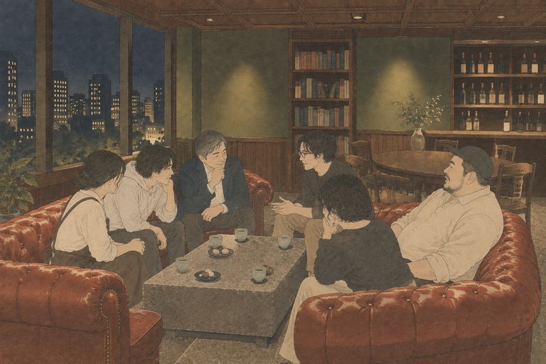 KIVIA本社のラウンジで、年齢や服装の異なる6人が語り合う様子
